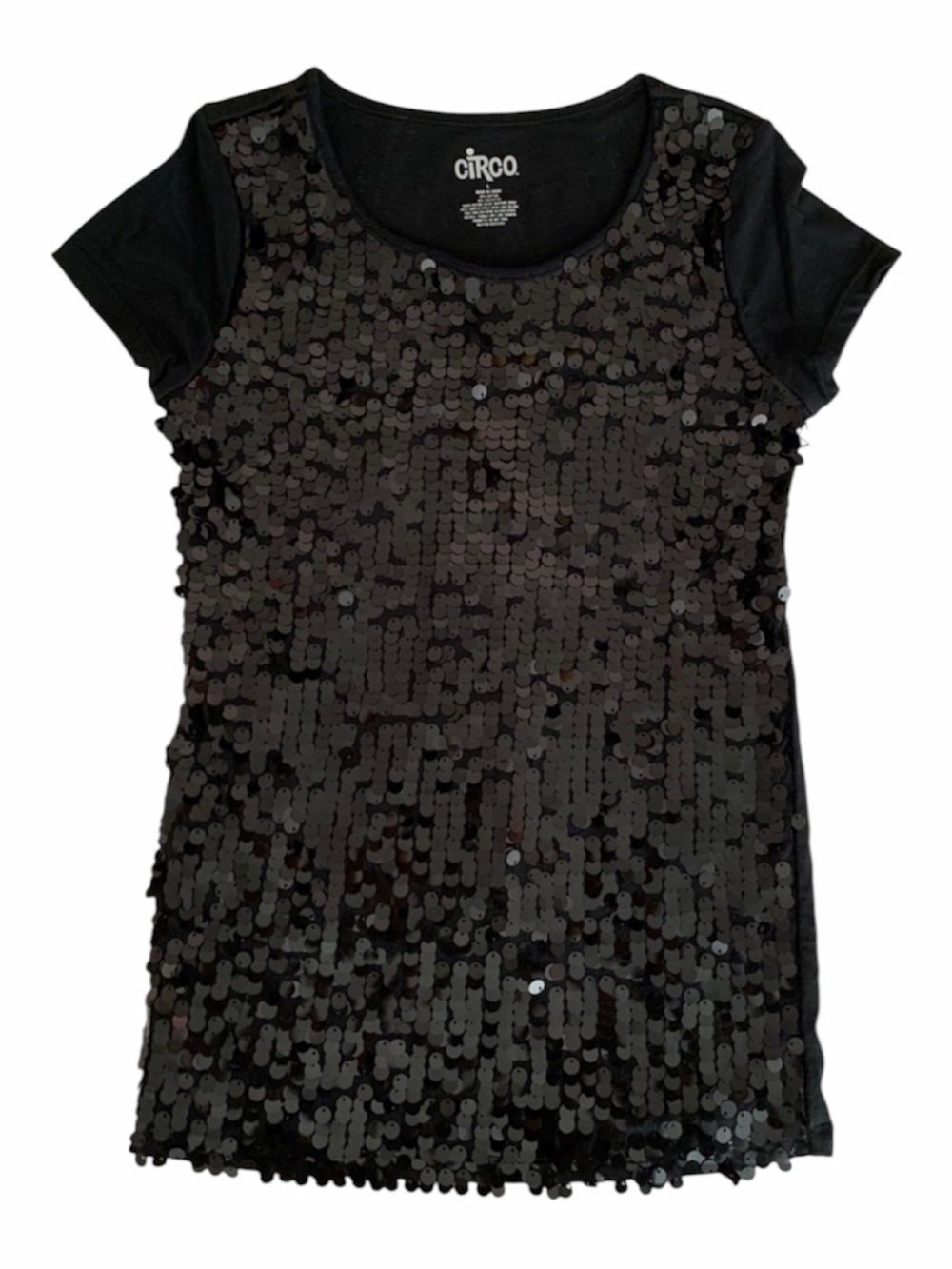 Circo Sequin Shirt Girls Size Large Black Cap Short Sleeves Pullover Lined